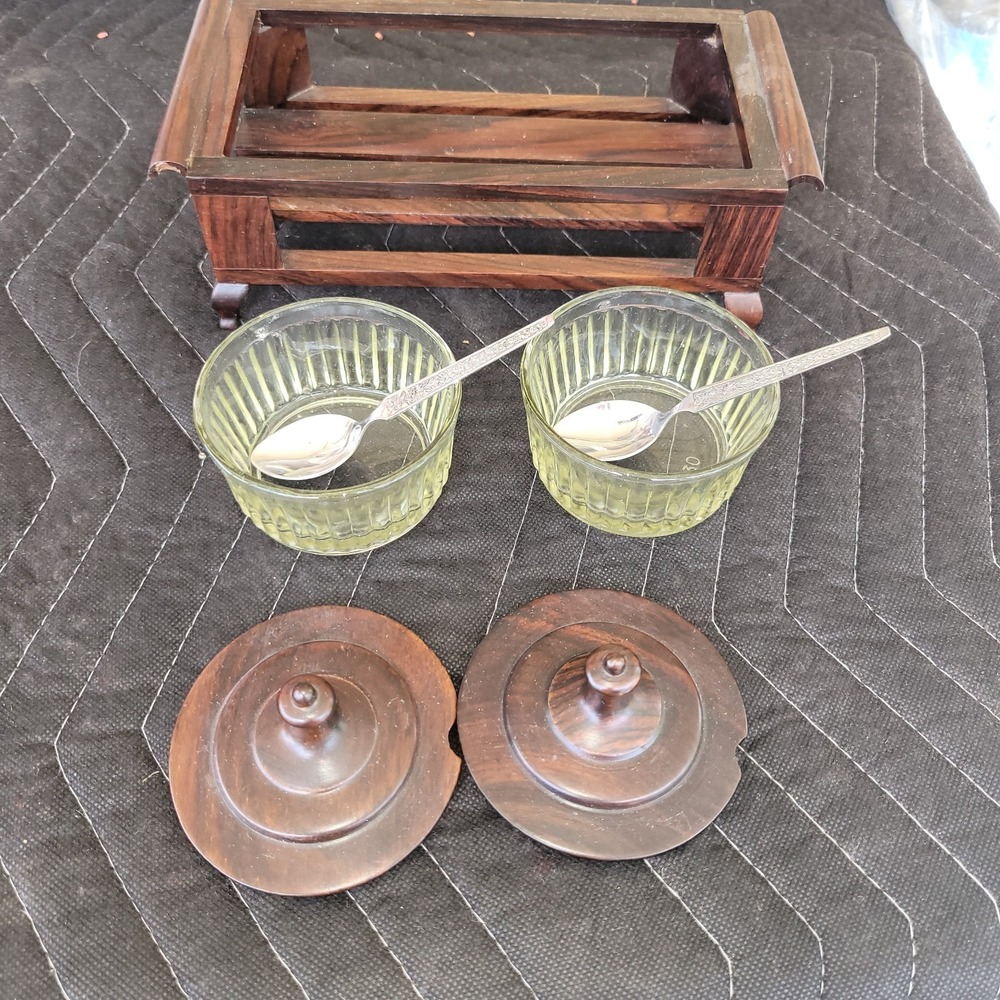 Vtg Condiment Pots & Holder Wood 2 Glass Pots With Wooden Lids Condiments MCM